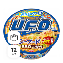 Лапша быстрого приготовления НЛО якисоба с вкусом морепродуктов и свинины в соусе BBQ Nissin, чашка 113 г х 12 шт