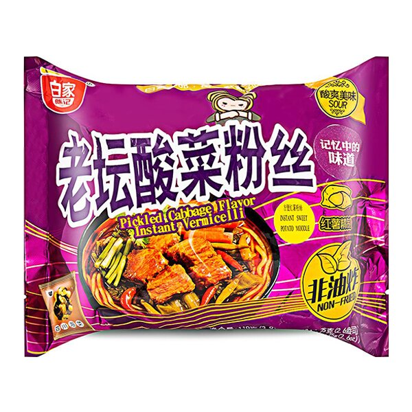 Лапша быстрого приготовления рисовая Baijia Chenji с квашеной капустой Akuan, пачка 110 г