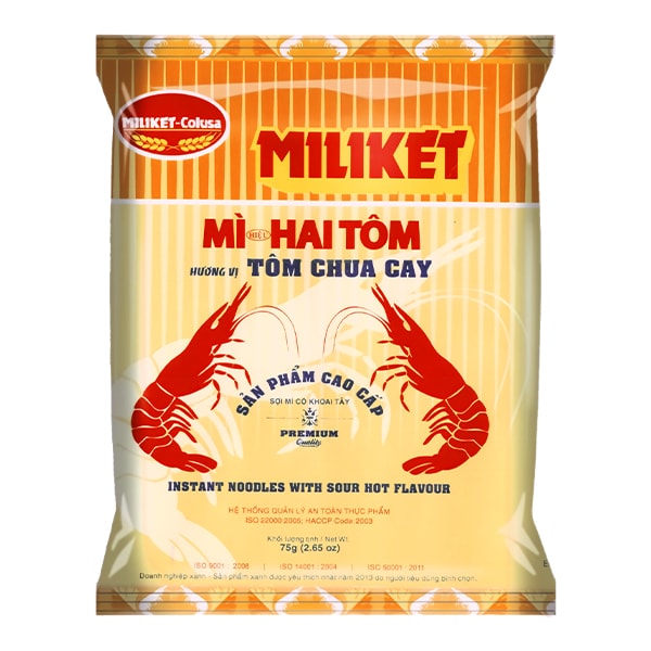 Лапша быстрого приготовления кисло-острая с вкусом креветки Miliket, пачка 75 г