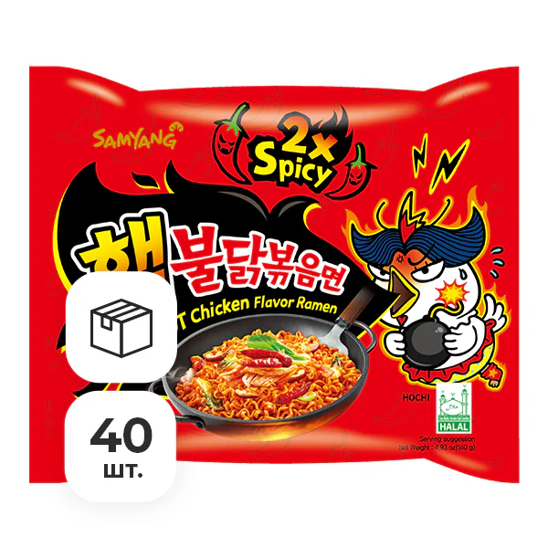 Лапша быстрого приготовления Hot Chicken 2X Spicy со вкусом курицы Samyang, пачка 140 гх 40 шт