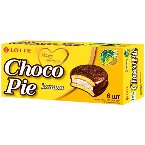Печенье покрытое шоколадом Choco Pie со вкусом банана Lotte, 168 г