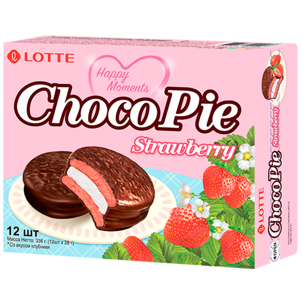 Печенье покрытое шоколадом Choco Pie со вкусом клубники Lotte, 336 г (28 г х 12 шт)