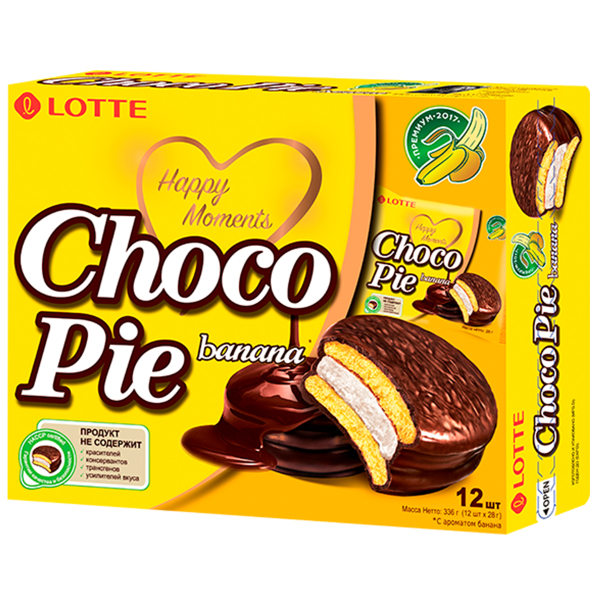 Печенье покрытое шоколадом Choco Pie со вкусом банана Lotte, 336 г (28 г х 12 шт)