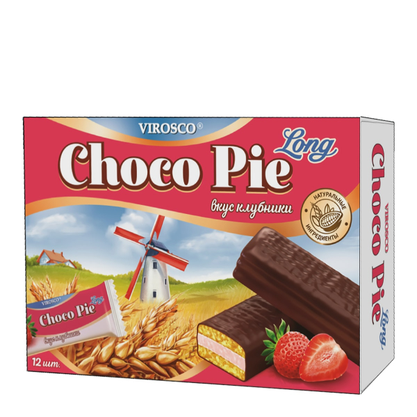 Печенье Choko Pie Long со вкусом клубники Virosco, 216 г (12 шт х 18 г)