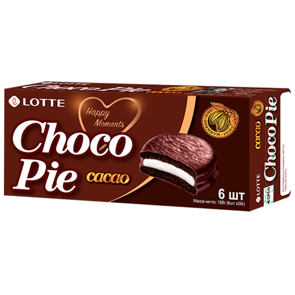 Печенье покрытое шоколадом Choco Pie со вкусом какао Lotte, 168 г (28 г х 6 шт)